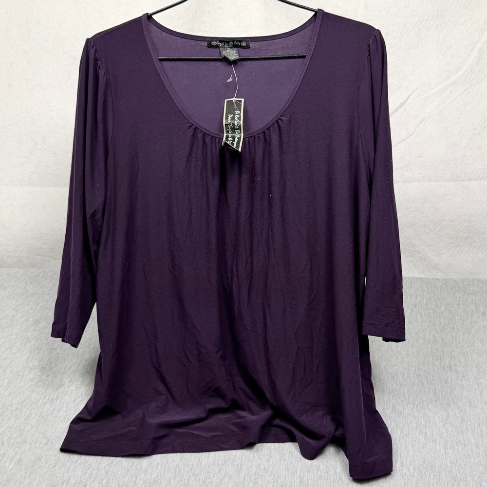 Suzie in the City Woman Purple Scoop Neck 3/4 Sleeve Pleated Top 1X 57188